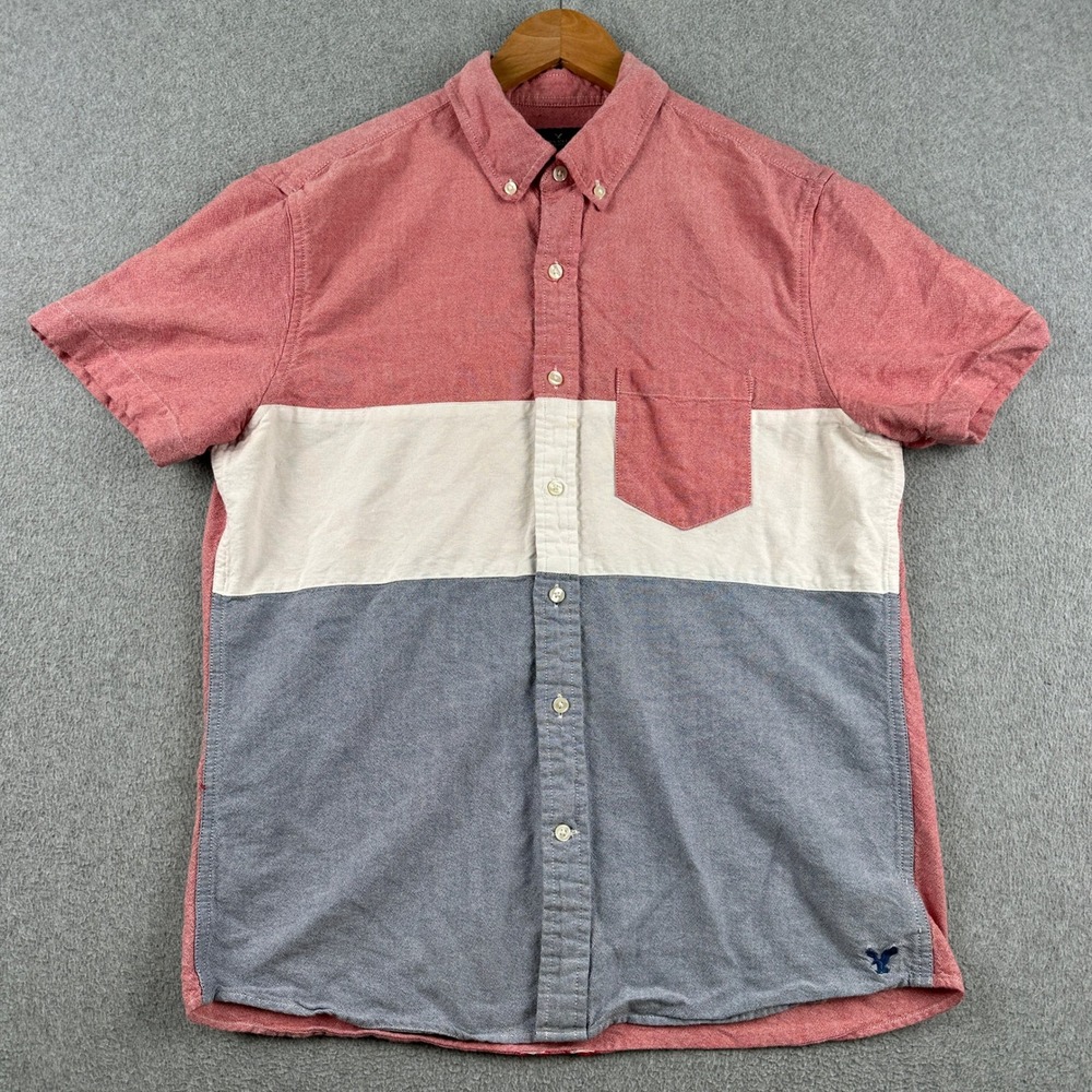 American Eagle Shirt Mens M Classic Fit Red White Blue Colorblock Button Down